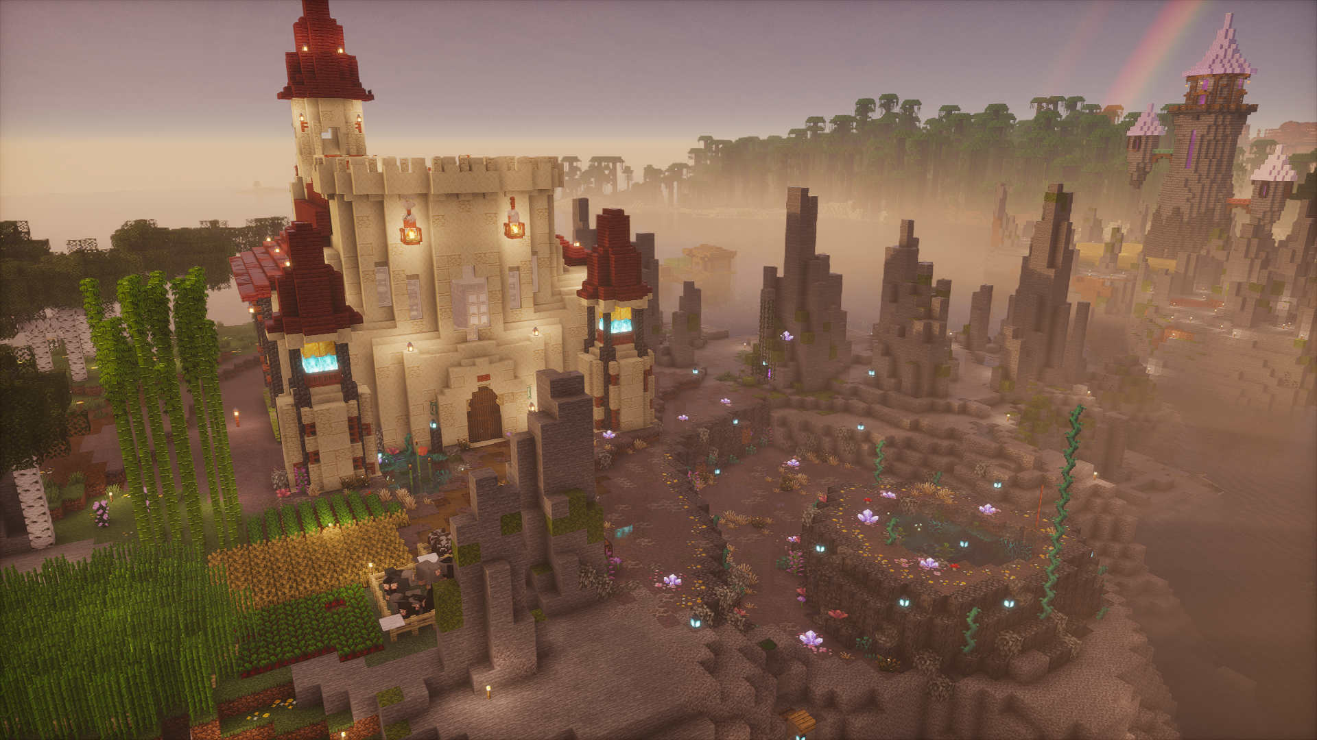 An image of minecraft, sunset, with a castle